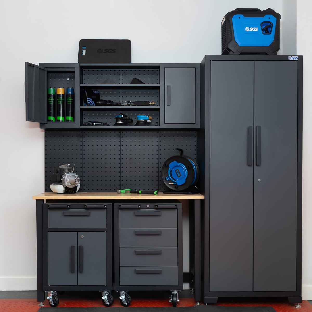 SGS 6pc Garage Storage System - Work Bench, Wheeled Cabinets, Wall Shelving & Side Cabinet